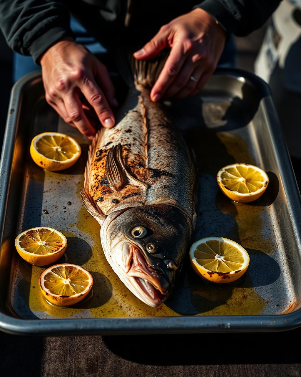 Grilled fish and mezze on a table beside the sea at Merchak Aal Baher